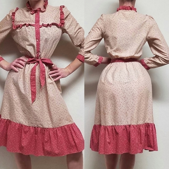 Vintage 60s JCPENNEY Tan Red Floral Calico Print Tie-Waist Boho Peasant Dress S - Picture 1 of 15